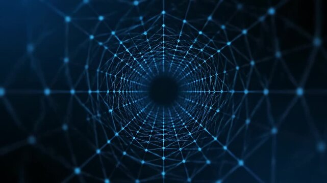 A tunnel-like structure made of interconnected blue dots and lines on a dark blue background