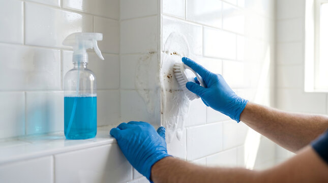 Professional cleaner wearing blue gloves scrubbing moldy grout on white bathroom shower tiles with a brush and foaming cleaning spray for deep mold removal