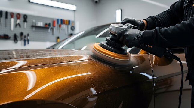 A professional car detailer meticulously polishing the metallic brown hood of a vehicle with a rotary buffer in a well-equipped auto workshop.
