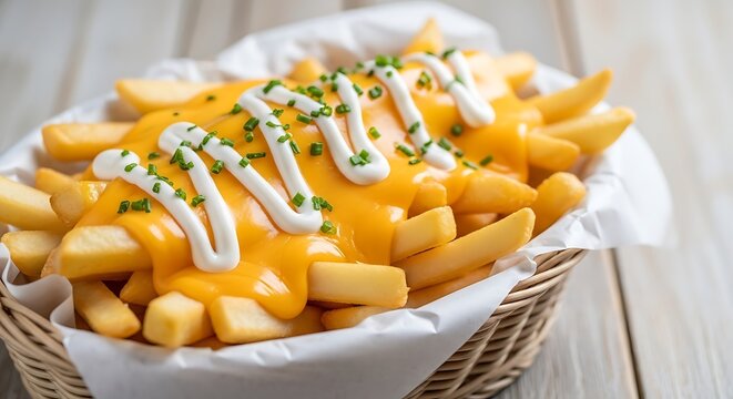 Delicious cheesy french fries with sour cream topping on National Potato Lovers Day