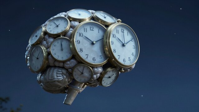 A surreal brain composed of numerous vintage clocks against a starry night sky.