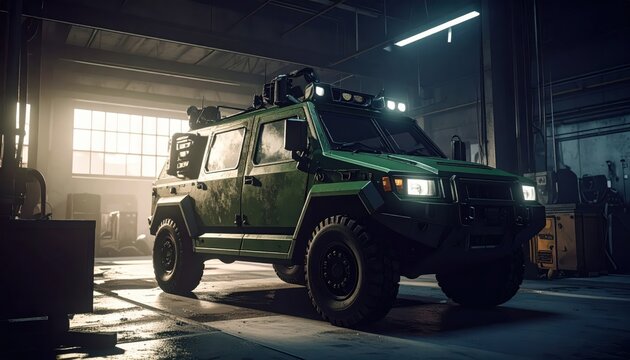 Heavily armored dark green tactical SWAT vehicle parked in a dimly lit garage, ready for deployment