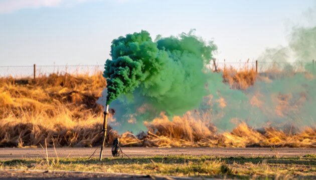 Green smoke grenade pin pulled and emitting a thick plume of colored smoke across outdoor field with dry grass