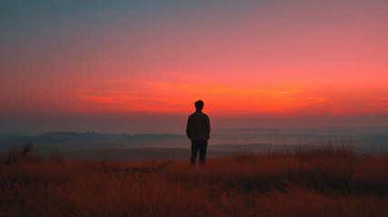 Fototapeta premium Person silhouette standing still watching sunset.