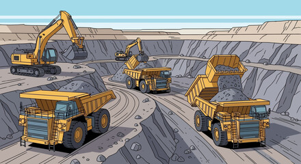 Excavator loads dump truck in open pit mine, heavy machinery, industrial mining operation © Irman
