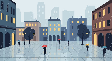 City square with people holding umbrellas in the rain, flat design illustration. © Irman