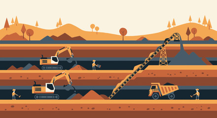 Coal Mining Operation: Excavators Digging, Conveyor Belt Moving Coal to Dump Truck © Irman