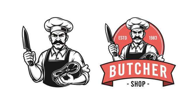 A butcher shop sign features a chef holding a knife and meat in front of a red circle with a banner reading Butcher Shop.
