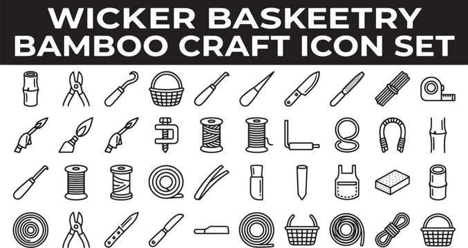 Wicker basketry and bamboo craft icon set featuring weaving tools materials and handmade containers in vector