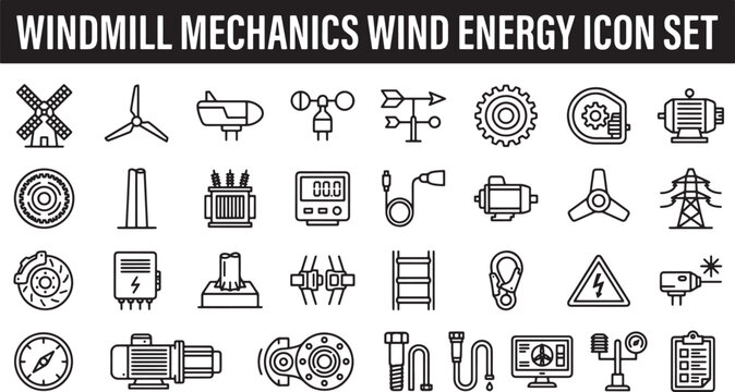 Wind energy and turbine mechanics icon set featuring technical components for renewable power generation in vector format