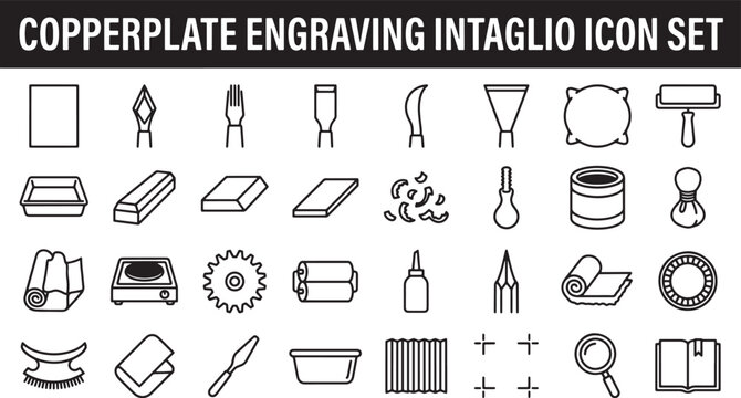 Copperplate engraving and intaglio printmaking tools icon set featuring various etching equipment and artistic workshop supplies vector