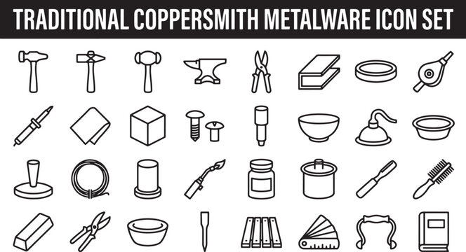 Coppersmith and Metalworking Tool Icon Set Featuring Hammers Anvils and Crafting Equipment in Minimalist Line Art Style