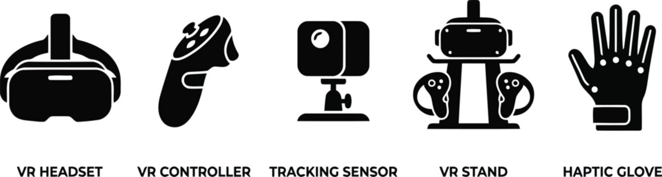Black and white icons of virtual reality devices