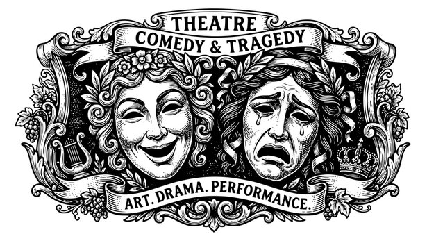 Theatre comedy and tragedy masks vintage woodcut engraving vector illustration