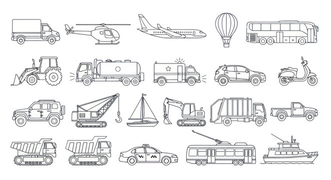 Various vehicles and machines are depicted in a collection of illustrations on a white background.