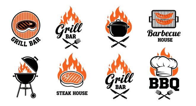 Various grill and barbecue restaurant logos with flames and utensils are displayed.