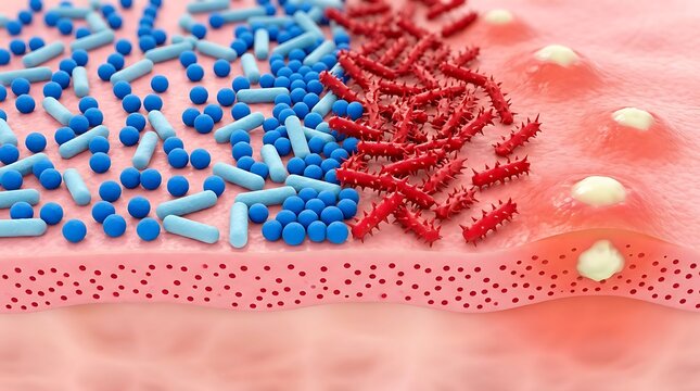 Microscopic view of red rod-shaped bacteria attacking healthy cells and blue spherical bacteria on pink skin tissue with white pustules forming, showing infection and inflammation under magnification.
