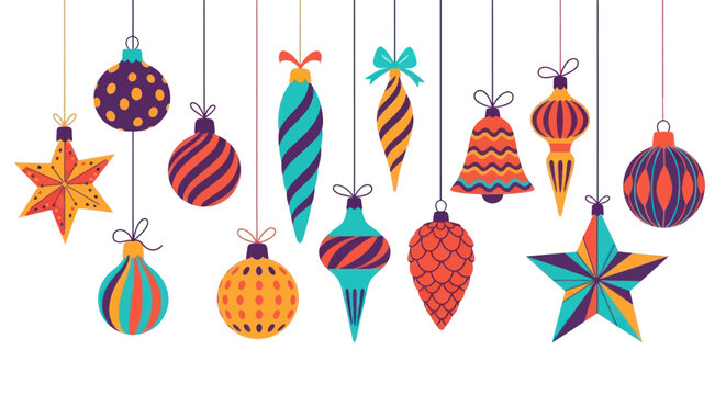 Vibrant Christmas ornaments hang from strings in a festive display indoors.