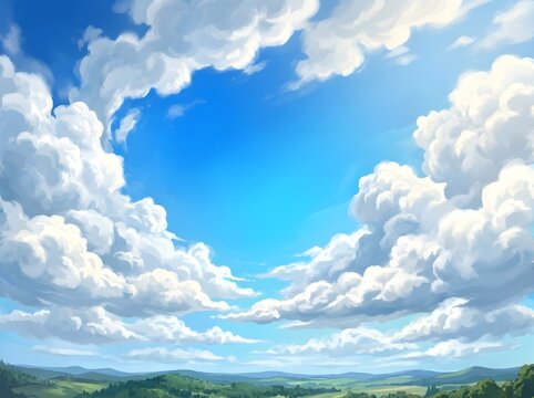 Serene landscape with fluffy white clouds and rolling hills