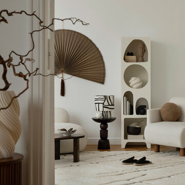 Minimalist Living Room Interior with Neutral Decor and Artistic Accents, Modern Home Space Design