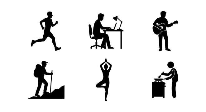 Diverse Silhouette Icons: Running, Working, Music, Hiking, Yoga, Cooking, Lifestyle Set