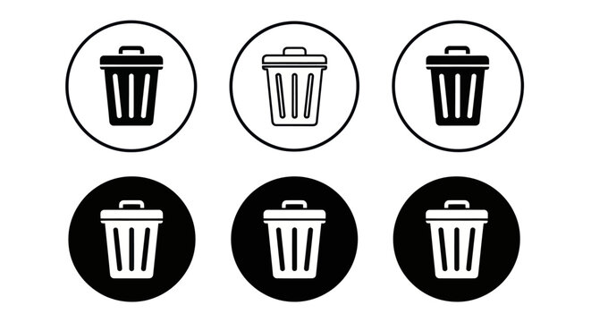 A collection of six black and white trash can icons in various circular designs.