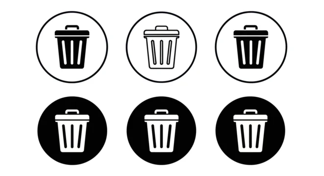 A collection of six black and white trash can icons in various circular designs.
