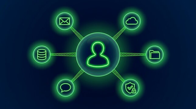 Digital network connecting user in center to various services like email cloud storage files chat security and data management abstract concept.