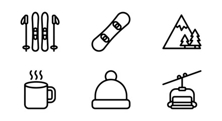 Winter Sports Icons Set: Skiing, Snowboarding, Mountain, Hot Drink, Beanie, Cable Car © Nishat