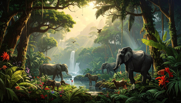 Elephants Roaming Lush Tropical Paradise
