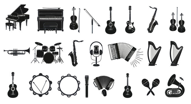 Musical instruments on display in a music store interior with various guitars and drums
