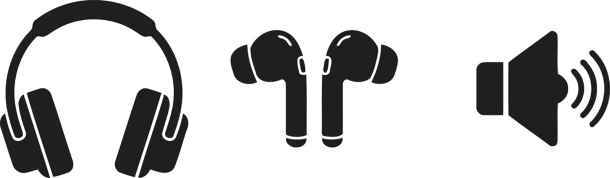 Black icons of headphones, earbuds and speaker