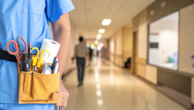 Healthcare professional wearing a utility belt filled with medical tools and supplies in a hospital corridor