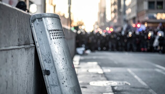 Heavy duty riot shield with visible scuff marks and scratches, leaning against a street, showcasing police security during a protest.