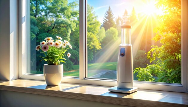 Incentive Spirometer Device Exercising Lungs on Hospital Window Sill with Sunshine and Flowers