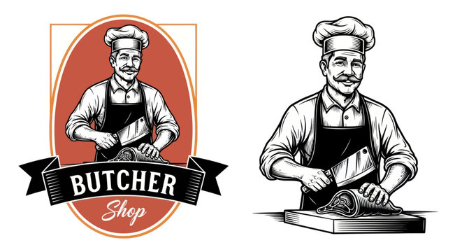 A butcher cuts meat on a table with a chef hat on his head and an apron around his waist in a shop.