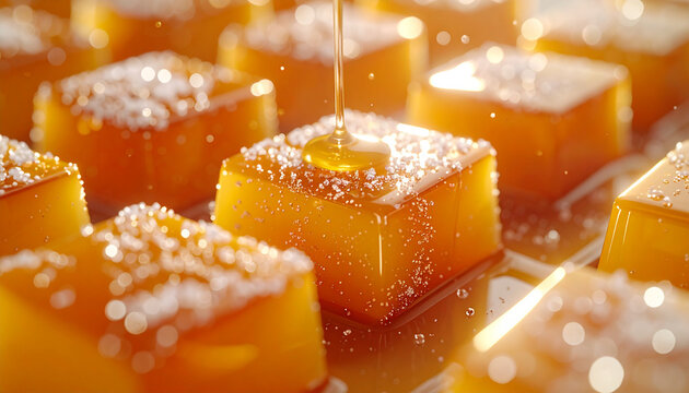Honey pouring over sweet jellies.