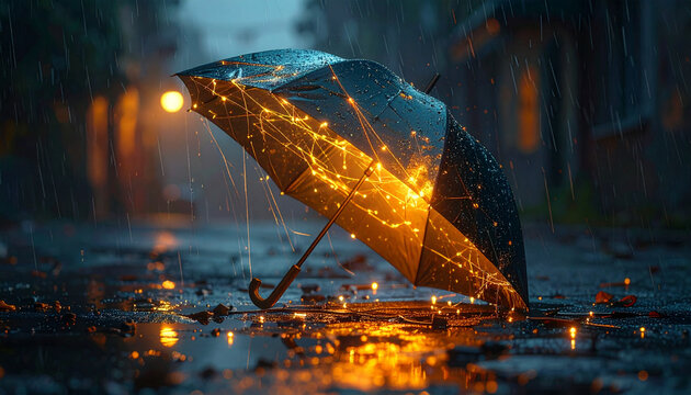 Umbrella on wet street with glowing lights in rain