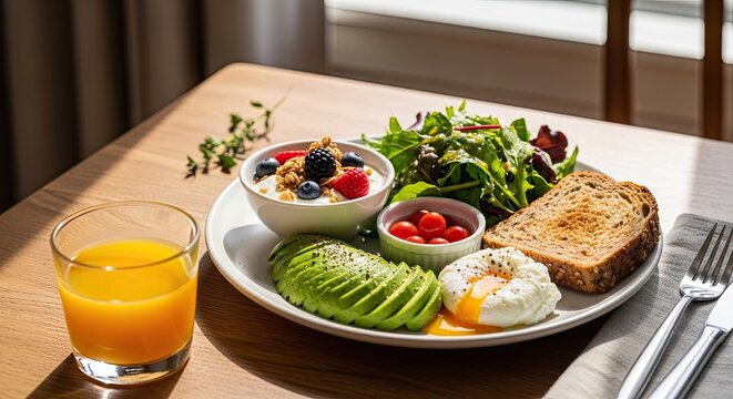 Healthy breakfast with avocado toast eggs and orange juice.