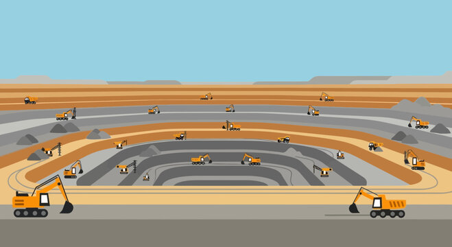 Open pit mine with excavators and trucks, industrial excavation, quarrying operations
