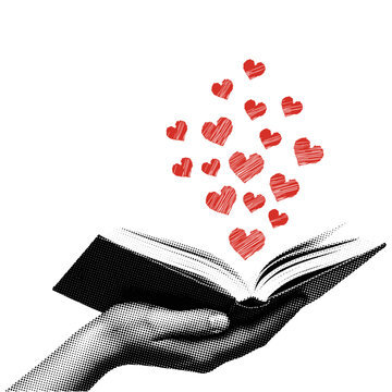 Hand holding open book with floating red hearts, romance novel vintage halftone style illustration