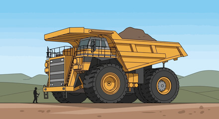Massive yellow mining dump truck with person for scale, carrying earth on dirt road © Kartin