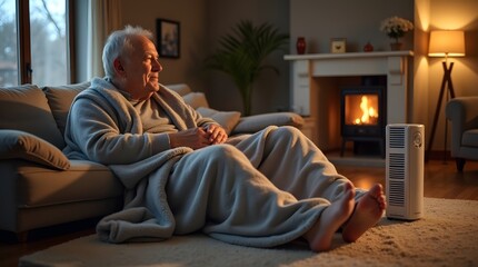 Obraz premium Elderly Man Relaxing in Cozy Living Room with Fireplace and Blanket during Winter Evening