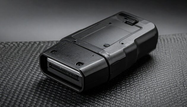 Heavy duty black polymer taser with loaded cartridge rests on textured carbon fiber surface