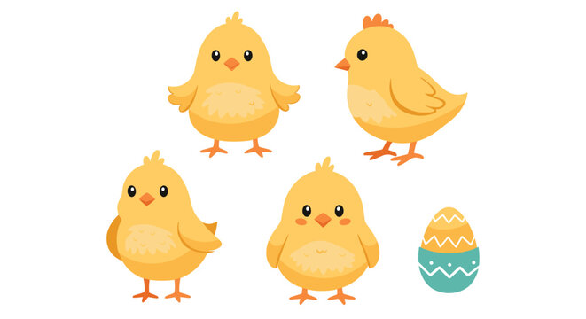 Set of adorable yellow chicks in different poses with a decorated Easter egg for spring holiday celebration themes.