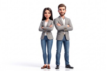 Fototapeta premium Full body 3D cartoon render of a confident professional man and woman in business casual blazers standing with crossed arms isolated on a white background