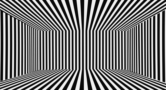 Black and white tunnel illusion with striped zebra pattern creates a sense of depth and perspective for creative graphic design projects.