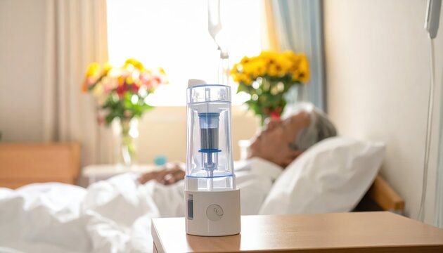 Incentive Spirometer Device in Hospital Room with Patient Recovering and Flowers