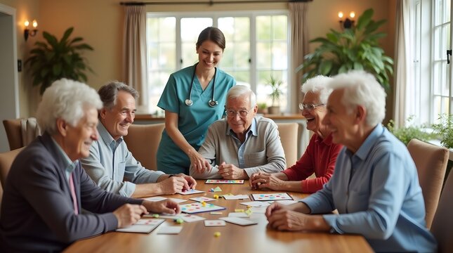 Elderly Residents Engaging in Interactive Game with Compassionate Nurse in Care Facility