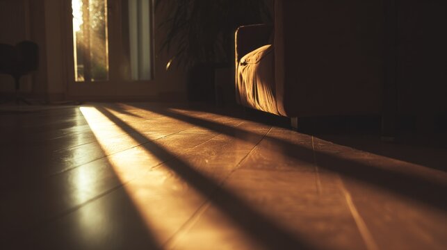 Dramatic morning sunlight streams across a wooden floor creating long parallel shadows indoors